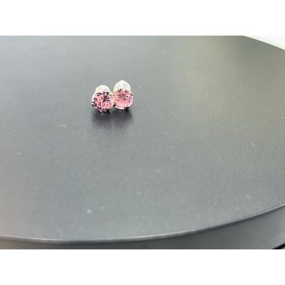 JCM 10k Yellow Gold Round Prong Pink cz October Birthstone Stud Pierced Earrings - Picture 3 of 8